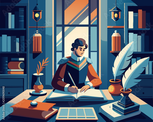 Detailed Vintage Writer's Desk Illustration with Quill and Inkwell, Books,