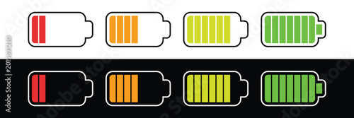 Battery charging icons set progression from empty to full on white and dark background