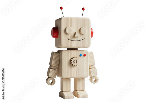 Cute 3D Wooden Toy Robot Character With Red Antennas And Gear