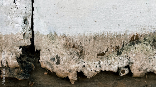 Fotografie Severely damaged concrete wall texture with vertical crack, moss, and crumbling plaster background