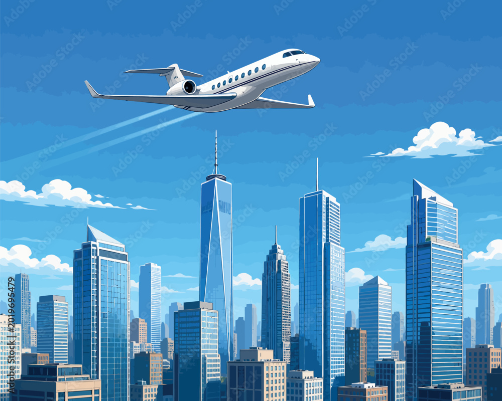 Naklejka premium Vsai private jet flying over new york city skyline