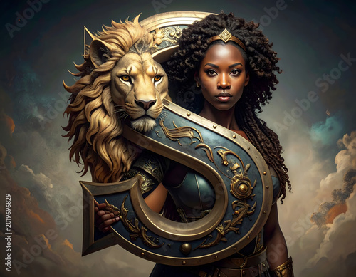 Powerful Black Woman Warrior with Lion Shield Regal Regal Warrior Woman with Majestic Lion Shield
