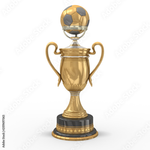 3d goldener, hochglanz Fußball Pokal mit Sockel und Fußball als Deckel in gold, schwarz auf transparenten Hintergrund