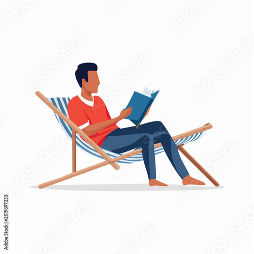 Man Relaxing on Deck Chair Reading a Book