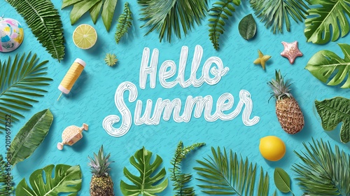 Hello summer text surrounded by tropical palm leaves fresh pineapple slices and beach items in this vibrant flat lay photograph
