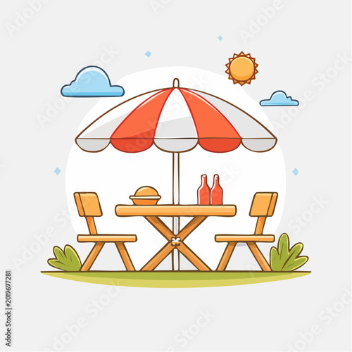 Picnic Table with Umbrella and Drinks