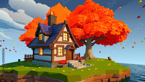vector  illustration of autumn landscape with houses