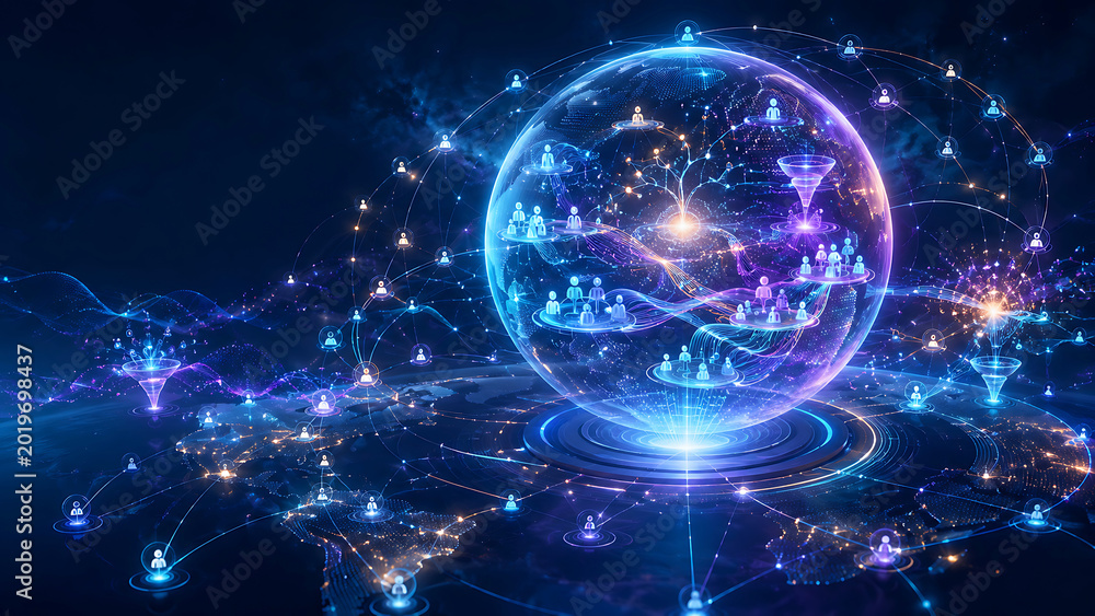 Fototapeta premium Glowing blue purple network globe with interconnected people and funnel symbols connections people funnels