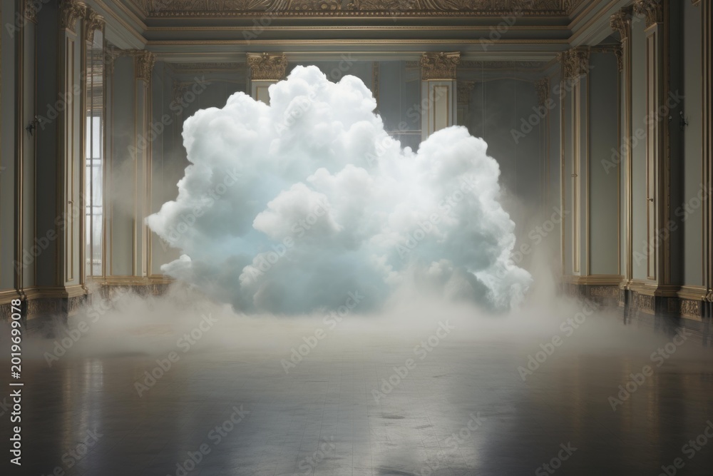 Fototapeta premium Giant cloud floats inside a luxurious ballroom, creating a mysterious and dreamlike ambiance