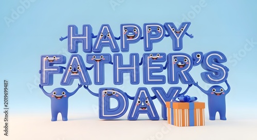 3d blue robots holding letters spelling fathers day greeting on light background