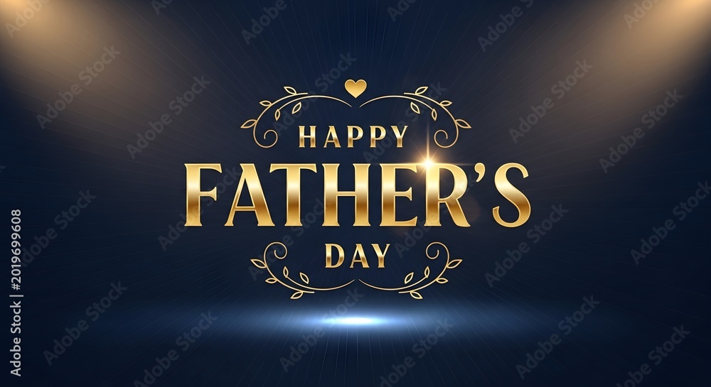 Obraz premium Golden fathers day greeting banner with decorative heart and flourishes on dark background