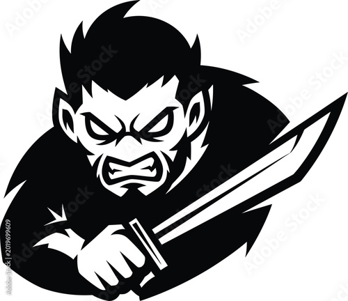 Canvas Print Aggressive angry gorilla warrior holding a sharp sword illustration