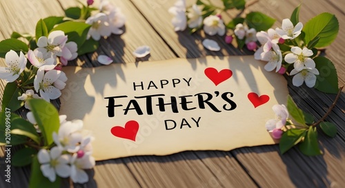 Fathers Day card with hearts surrounded by blooming orchid flowers on wooden table