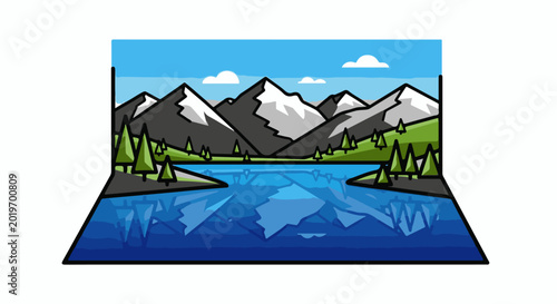 Colorful cartoon illustration of snow-capped mountains reflecting in a blue lake