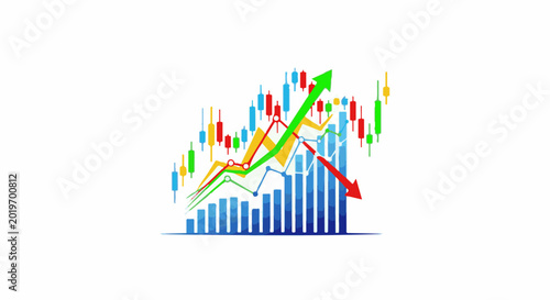 Colorful financial chart with rising and falling trend arrows and candlestick