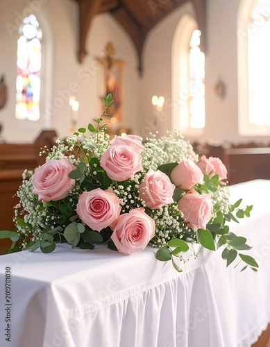 Pink roses on church wedding table.
