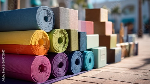 Multicolored yoga mats and foam blocks stacked together in a bright outdoor setting captured in this professional lifestyle stock photo