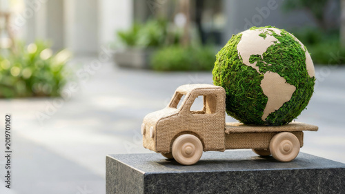 Ecological urban transit toy truck globe Sustainable ecological urban transit toy truck hauling green globe. Eco friendly mobility. sustainable commuting innovation, future system efficiency