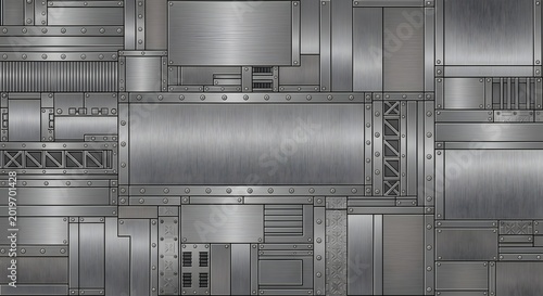 Brushed stainless steel industrial panel with rivets for wall design
