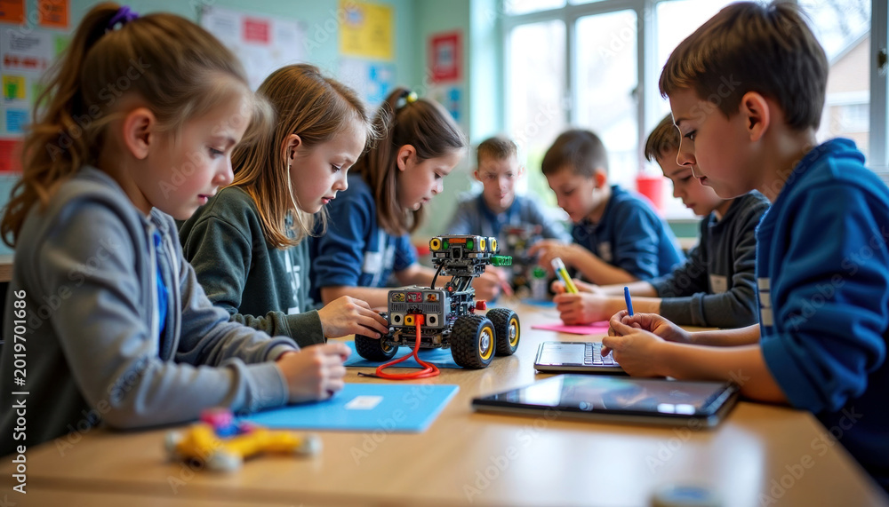 Fototapeta premium Group of children engaged in robotics project at classroom table, assembling robot with colorful blocks, notebooks, and tablets visible in bright educational environment