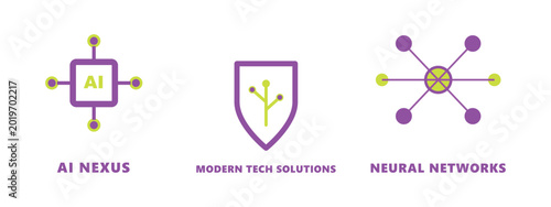 Fotografie Artificial intelligence nexus and neural networks modern technology icons bundle