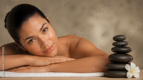 Luxury Skincare Beauty Advertising Banner - Serene Woman with Hot Stones and Flower