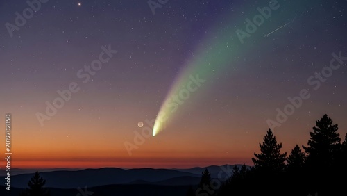 Comet streaking across night sky landscape.