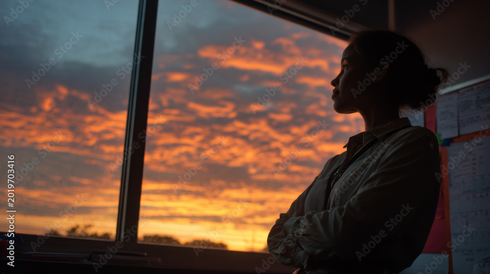 Fototapeta premium Person by the Window Watching Sunset