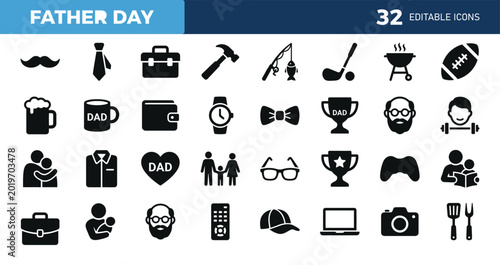 Set of 32 fill color icons related to father day. icon collection. Editable black and white. Vector illustration