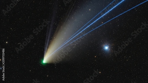 Comet streaking across starry night sky.