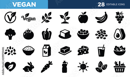 Foto Set of 28 fill color icons related to vegan