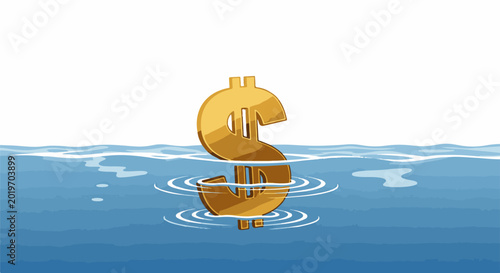 Golden dollar sign submerged in blue rippling water against white background