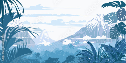 Atmospheric tropical landscape with volcano mountains, layered jungle silhouettes and exotic foliage. Soft blue palette, misty horizon and panoramic composition create calm scenic background with spac