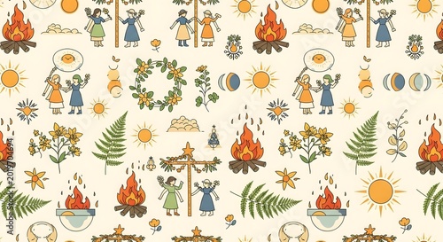 Seamless pattern with folk summer solstice rituals bonfire and florals