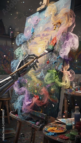 A detailed painting unfolds on an easel, held by a robotic arm, with vibrant colorful smoke
