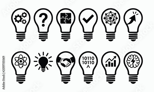 Light bulb icons with creative and business concept symbols inside