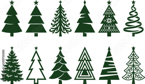Collection of stylized green christmas trees with decorative patterns