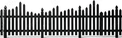 Black wooden picket fence with vertical slats against white background