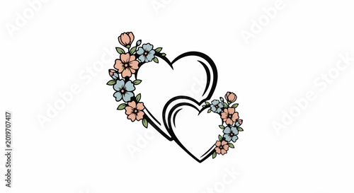 Two heart outlines adorned with a cascade of small flowers and leaves