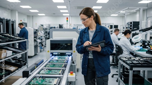 Busy female supervisor monitors electronics manufacturing line with tablet, checking circuit board production and quality workflow in modern industrial facility.