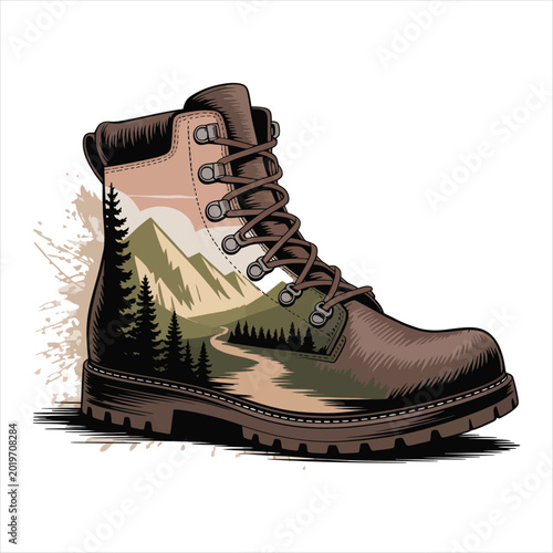 Brown hiking boot with forest and mountain scene and paint splatters Keywords: hiking boot