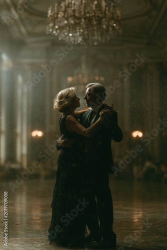 Elegant Older Couple Dancing Alone in Empty Ballroom, Cinematic Loneliness Concept
