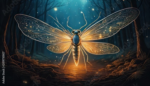 Enchanting Bioluminescent Cicada in a Mystical Forest at Night.