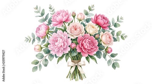 Watercolor Bouquet of Pink Peonies