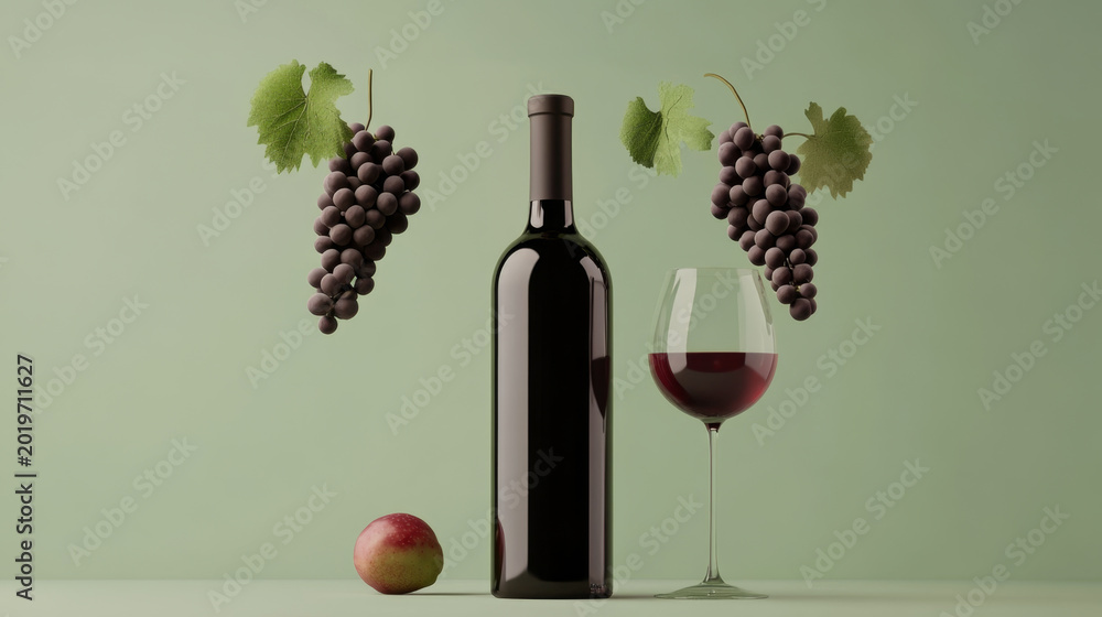 Obraz premium Elegant Wine Bottle and Glass with Grapes on Colorful Background