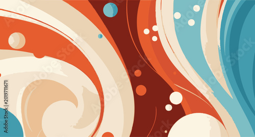 Abstract retro wave background with geometric circles and fluid organic shapes in mid-century style