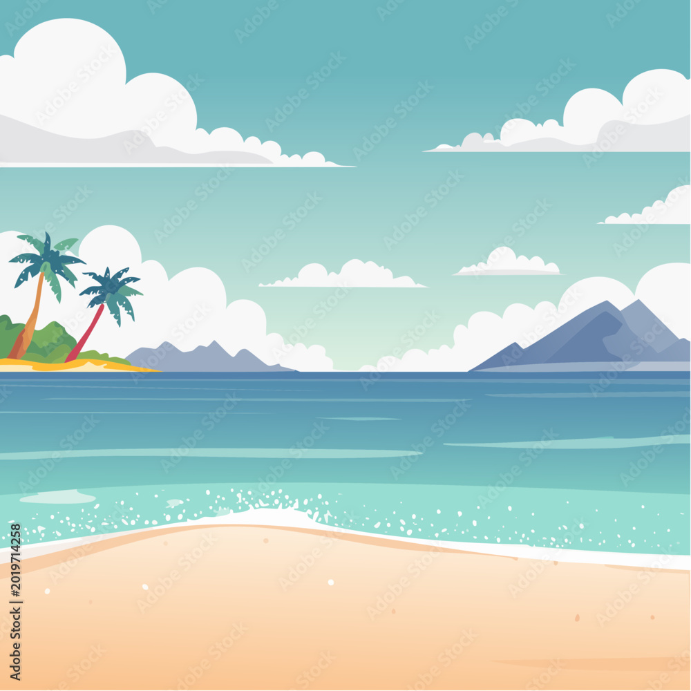 Fototapeta premium Tropical Beach Landscape with Palm Trees and Mountains