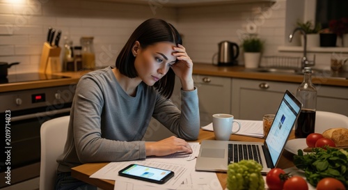 Busy woman burnout scene with exhausted adult woman working late at kitchen table, surrounded by laptop, papers, cold coffee and unfinished dinner tasks.