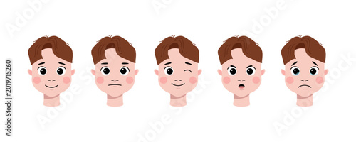 Quadro em tela Cute boy face expressions set showing various emotions in flat vector style