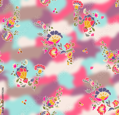 Konstfotografi Unique seamless textile pattern blending traditional ethnic floral motifs with a modern abstract blurred background